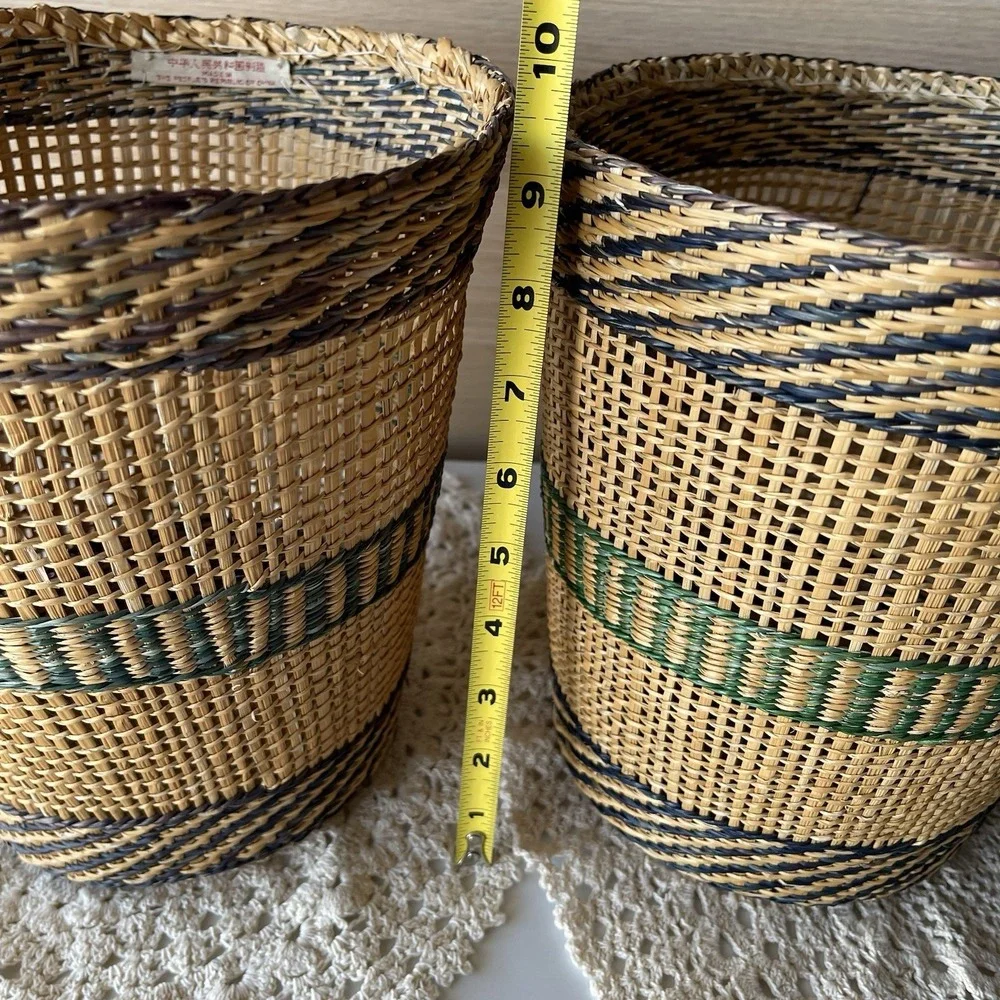 Vintage Boho Handwoven Chinese Basket Planter 70s Peoples Republic Of China Set